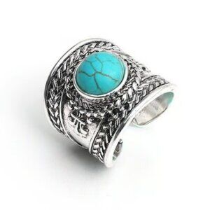 Wide Retro Inspired Cuff Ring with Turquoise Blue Center Stone